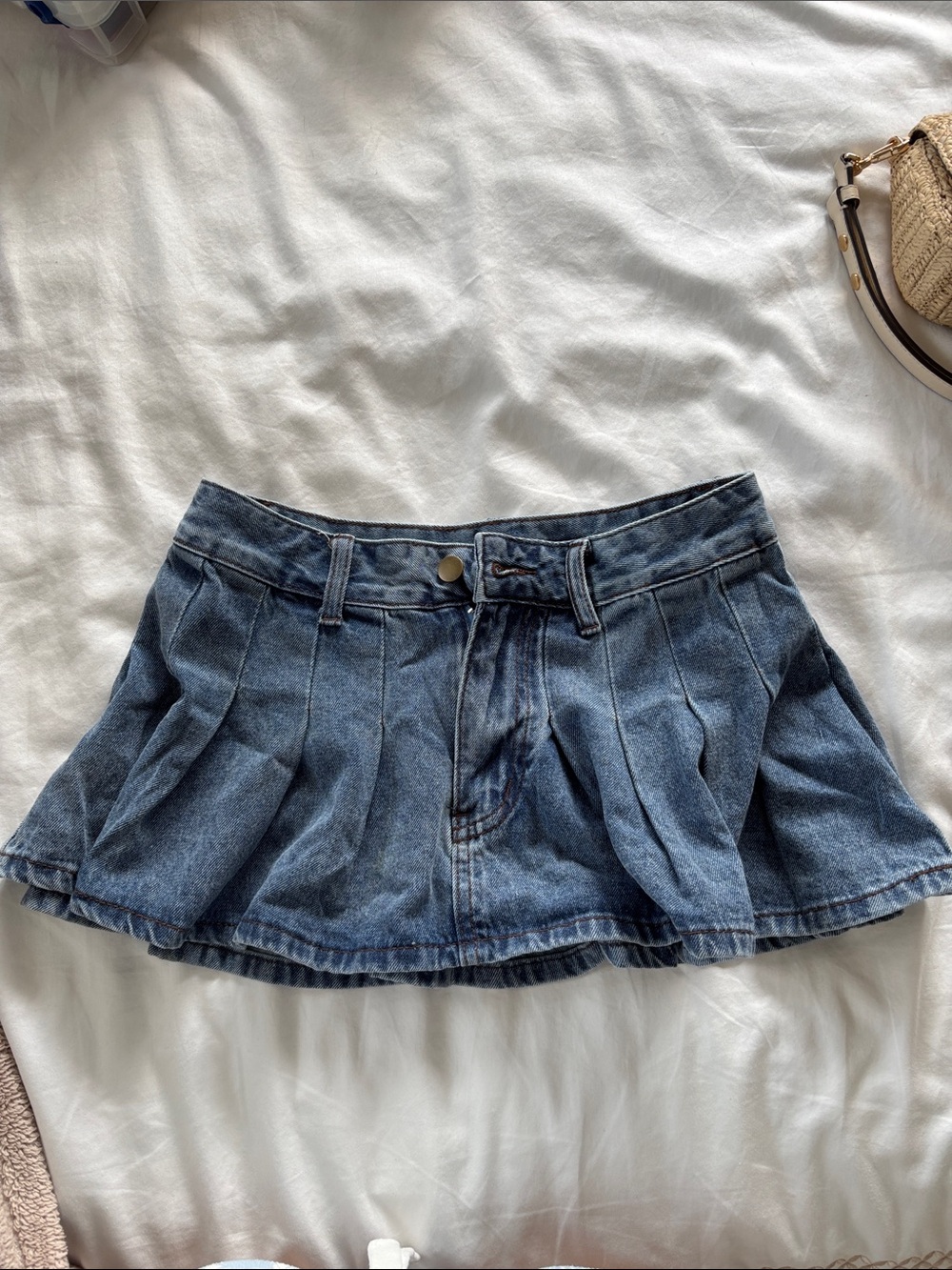 Denim Pleated Mini Skirt - Blue